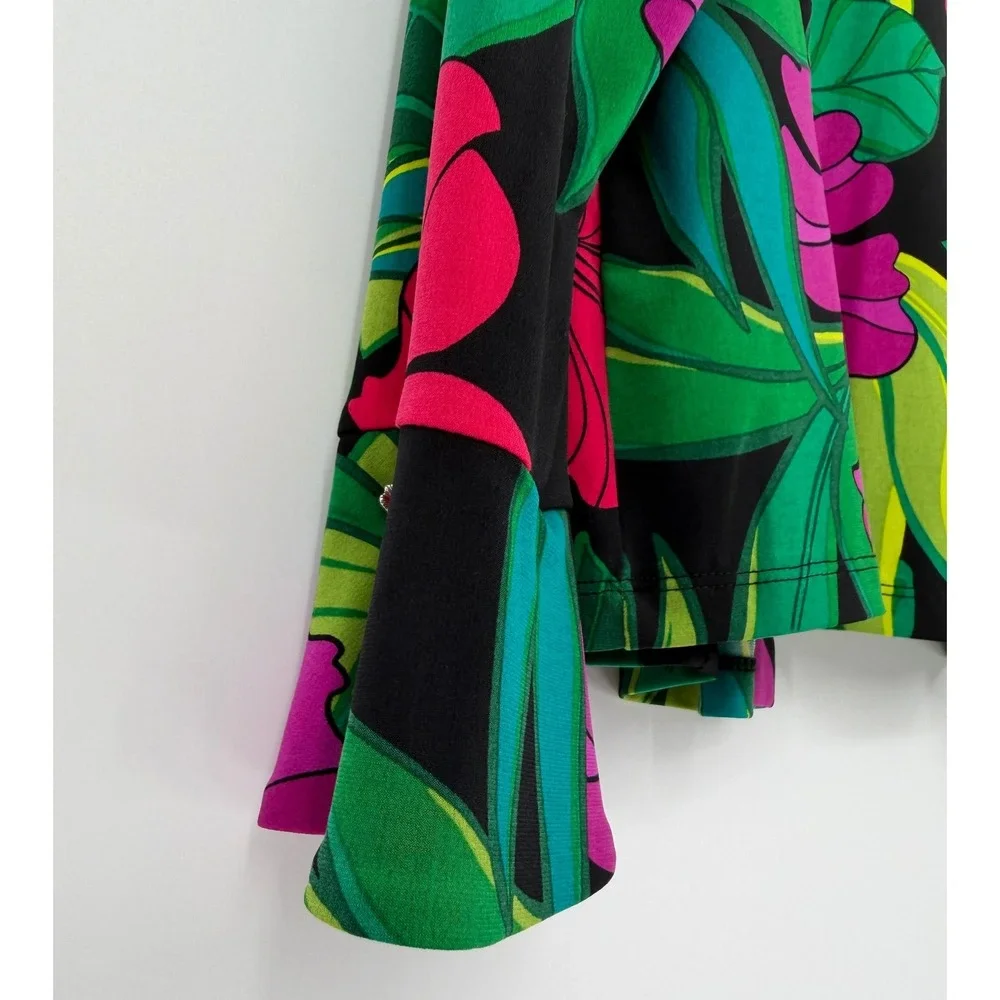 Susan Graver Liquid Knit Tropical Floral Dress and Cardigan Set Black Multi M